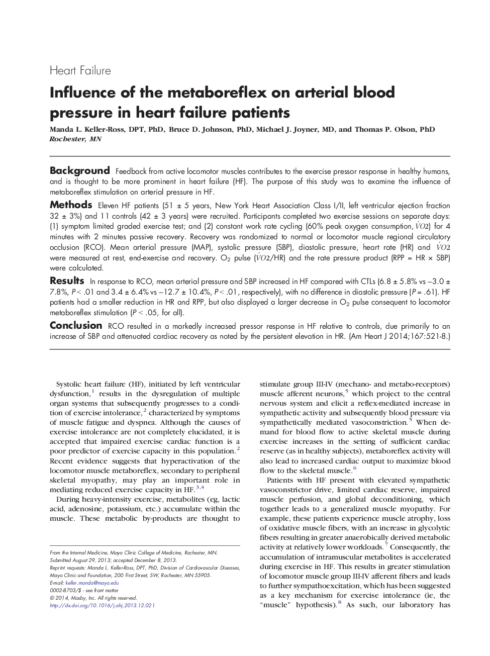Clinical InvestigationHeart FailureInfluence of the metaboreflex on arterial blood pressure in heart failure patients