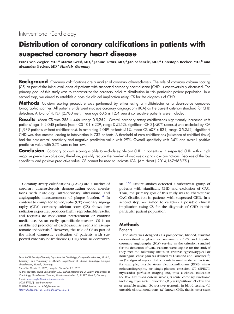 Distribution of coronary calcifications in patients with suspected coronary heart disease