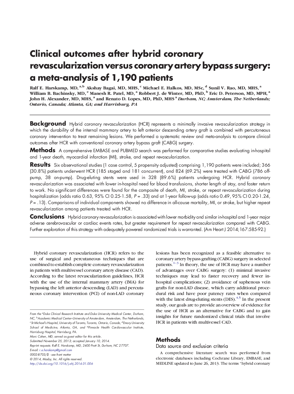 Clinical outcomes after hybrid coronary revascularization versus coronary artery bypass surgery: a meta-analysis of 1,190 patients