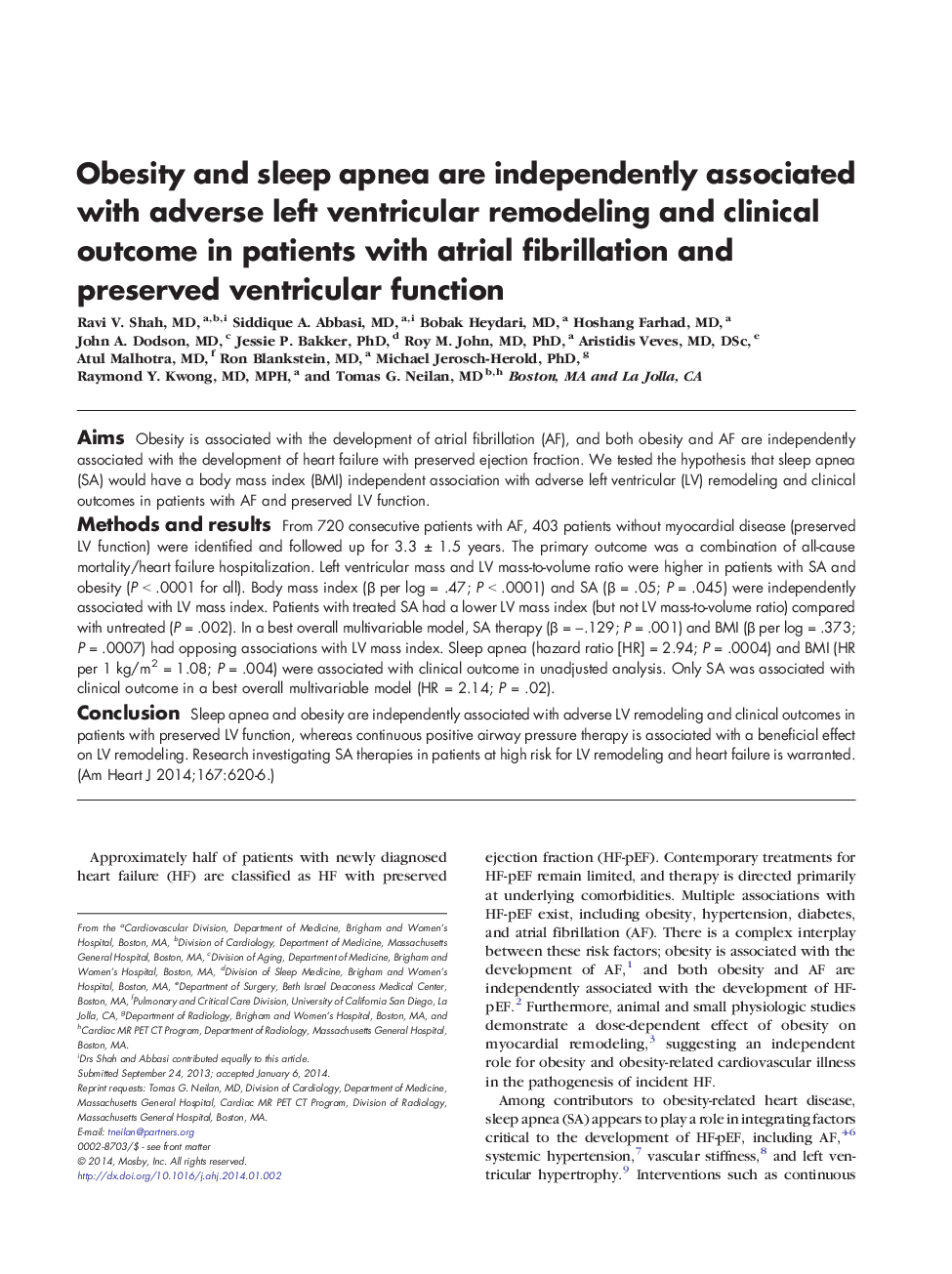 Obesity and sleep apnea are independently associated with adverse left ventricular remodeling and clinical outcome in patients with atrial fibrillation and preserved ventricular function