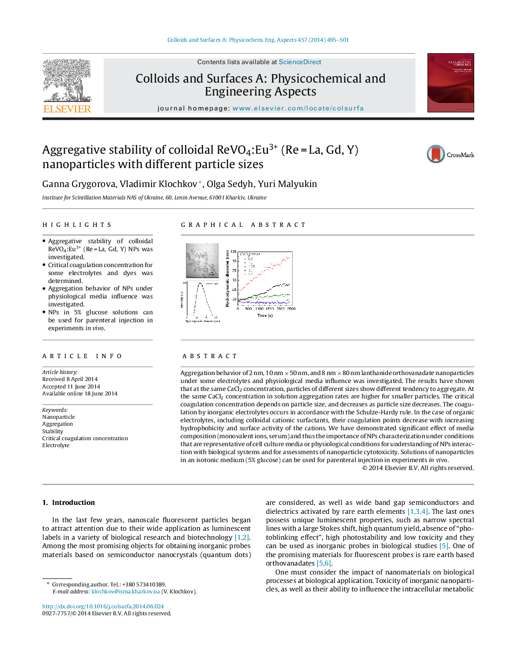 Aggregative stability of colloidal ReVO4:Eu3+ (ReÂ =Â La, Gd, Y) nanoparticles with different particle sizes