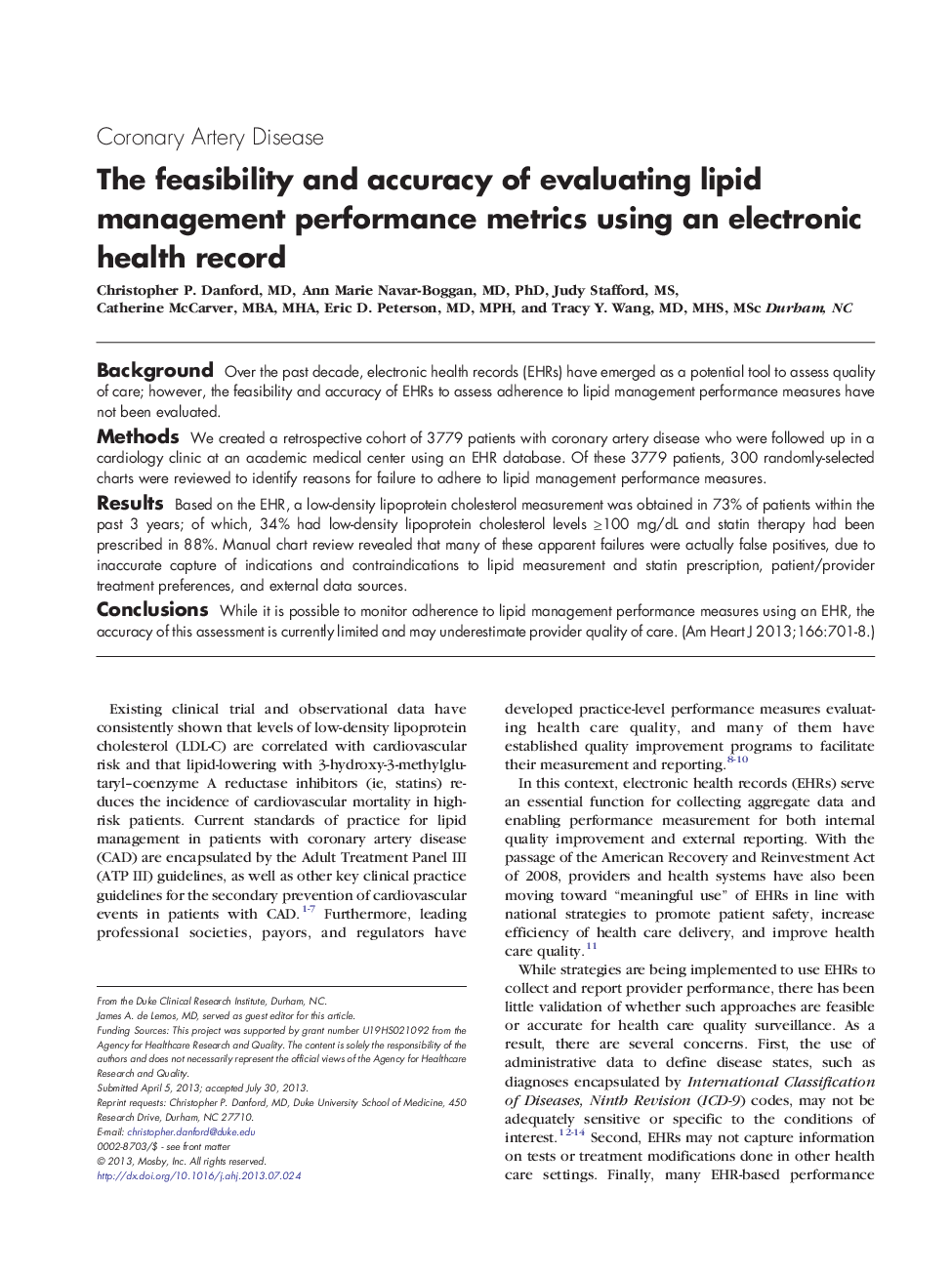 امکان سنجی و صحت ارزیابی معیارهای عملکرد مدیریت چربی با استفاده از یک پرونده سلامت الکترونیکی 