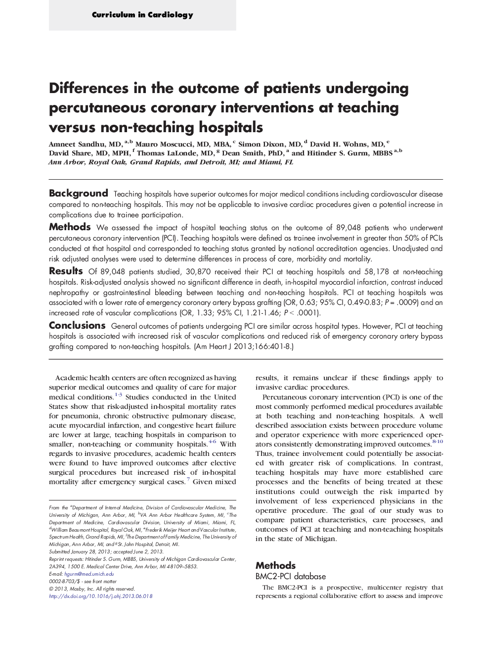 Differences in the outcome of patients undergoing percutaneous coronary interventions at teaching versus non-teaching hospitals