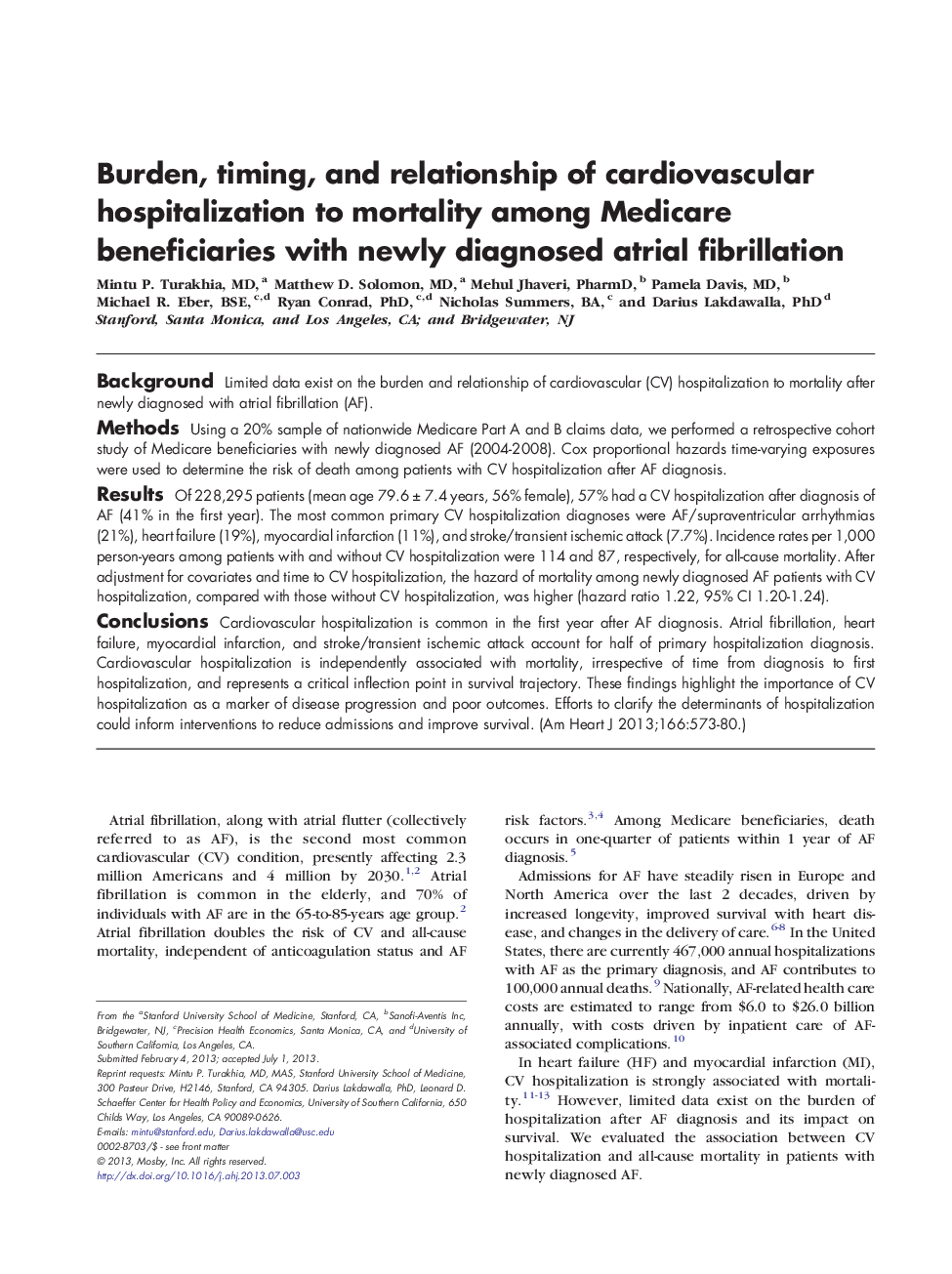 Clinical InvestigationElectrophysiologyBurden, timing, and relationship of cardiovascular hospitalization to mortality among Medicare beneficiaries with newly diagnosed atrial fibrillation