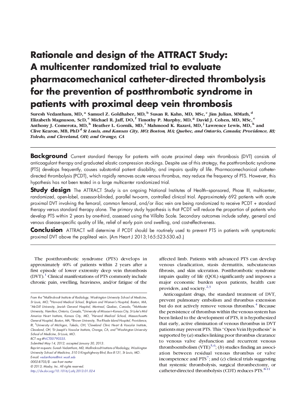 Rationale and design of the ATTRACT Study: A multicenter randomized trial to evaluate pharmacomechanical catheter-directed thrombolysis for the prevention of postthrombotic syndrome in patients with proximal deep vein thrombosis