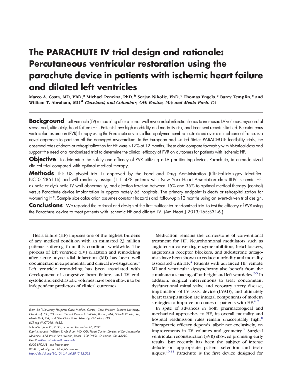 The PARACHUTE IV trial design and rationale: Percutaneous ventricular restoration using the parachute device in patients with ischemic heart failure and dilated left ventricles