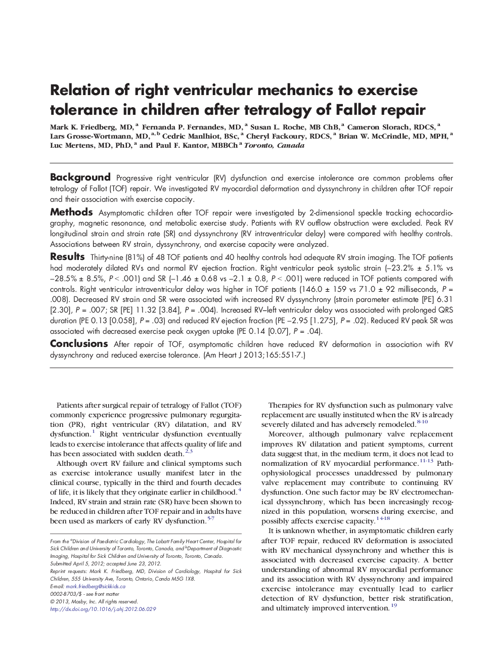 Clinical InvestigationValvular and Congenital Heart DiseaseRelation of right ventricular mechanics to exercise tolerance in children after tetralogy of Fallot repair