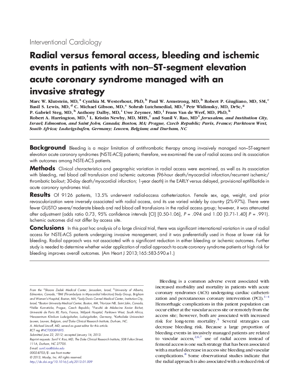 Radial versus femoral access, bleeding and ischemic events in patients with non-ST-segment elevation acute coronary syndrome managed with an invasive strategy