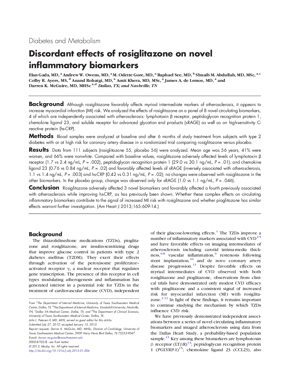 Discordant effects of rosiglitazone on novel inflammatory biomarkers