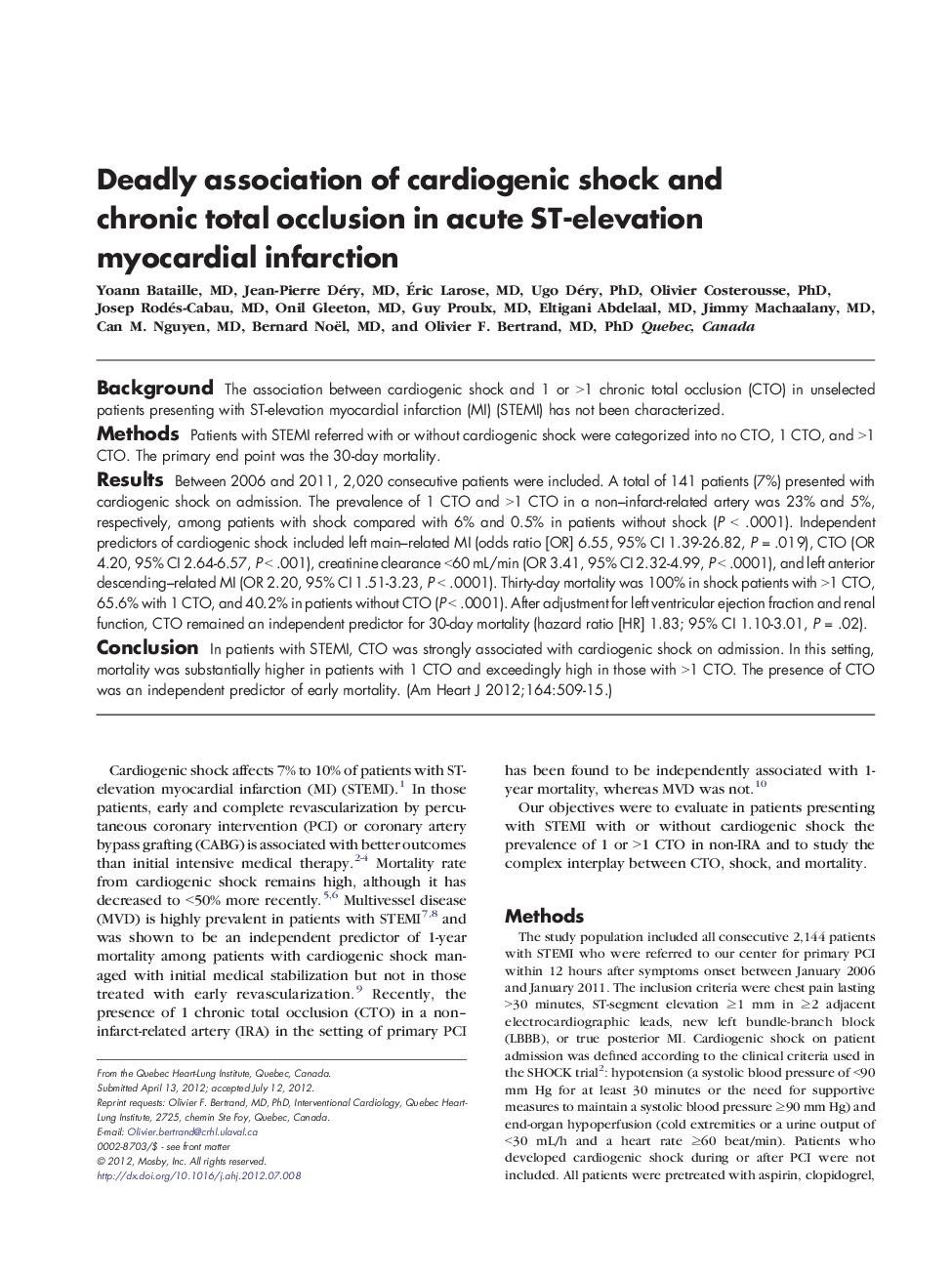 Deadly association of cardiogenic shock and chronic total occlusion in acute ST-elevation myocardial infarction