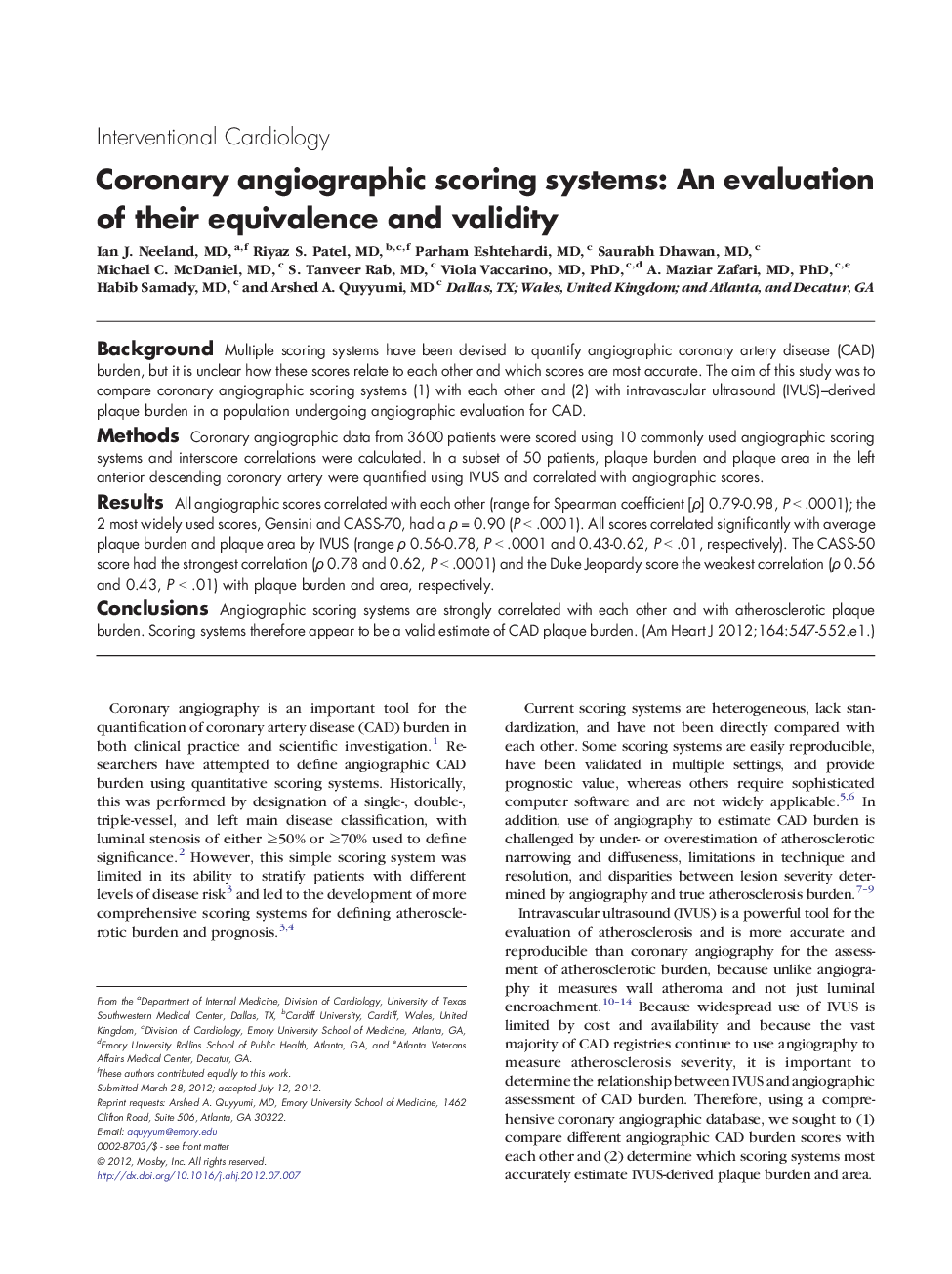 Coronary angiographic scoring systems: An evaluation of their equivalence and validity