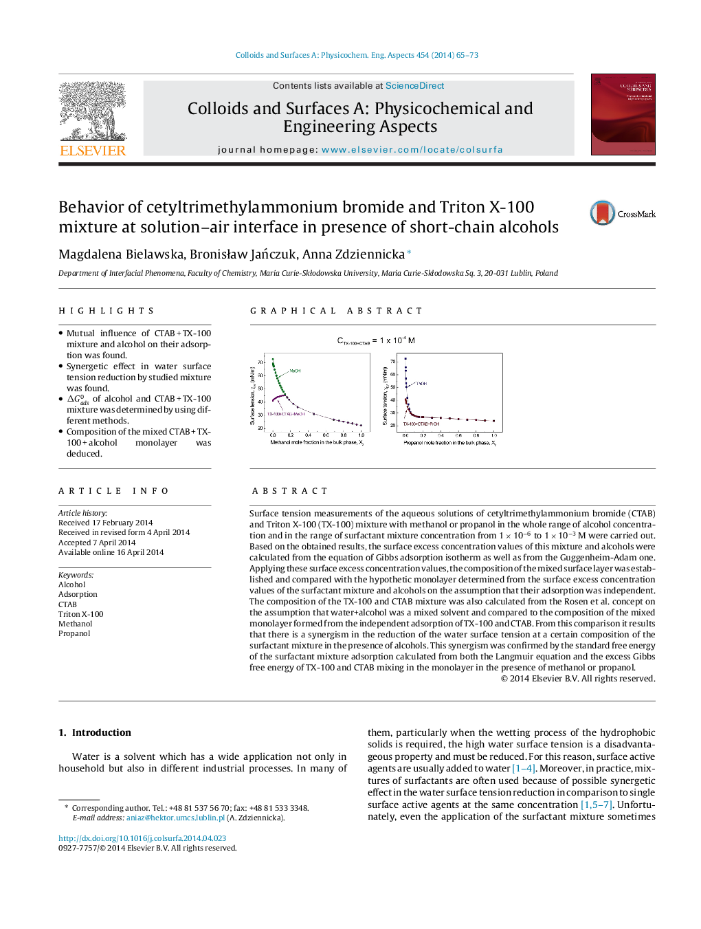 Behavior of cetyltrimethylammonium bromide and Triton X-100 mixture at solution-air interface in presence of short-chain alcohols