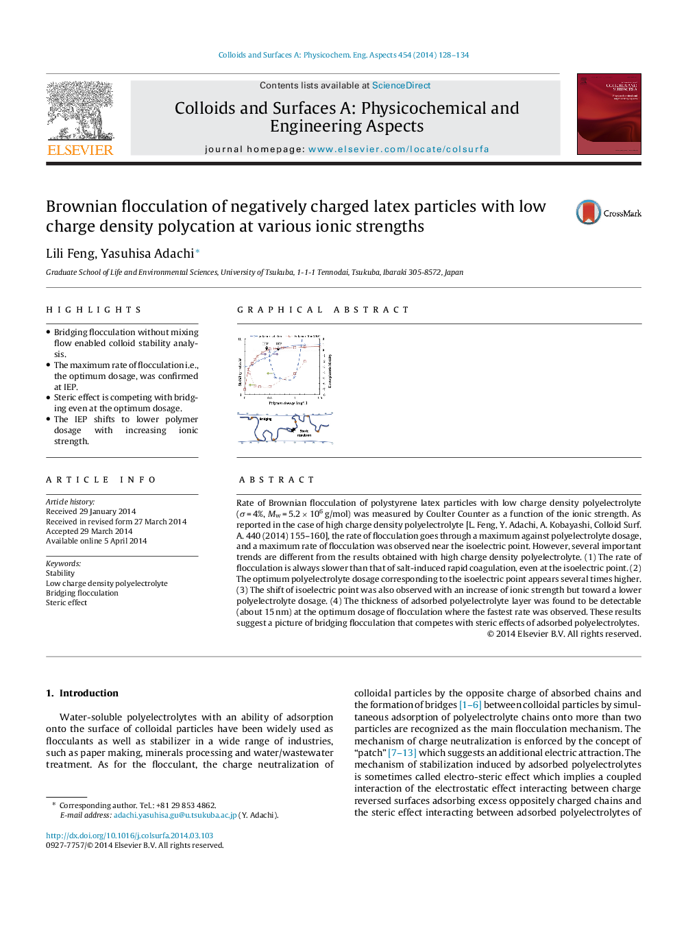 Brownian flocculation of negatively charged latex particles with low charge density polycation at various ionic strengths