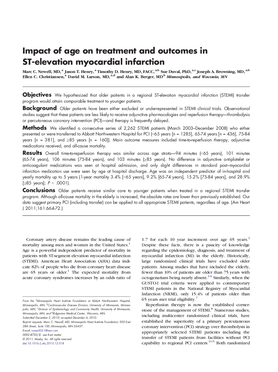 Clinical InvestigationAcute Ischemic Heart DiseaseImpact of age on treatment and outcomes in ST-elevation myocardial infarction