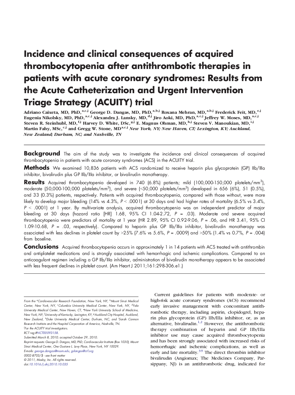 Clinical InvestigationAcute Ischemic Heart DiseaseIncidence and clinical consequences of acquired thrombocytopenia after antithrombotic therapies in patients with acute coronary syndromes: Results from the Acute Catheterization and Urgent Intervention Tri