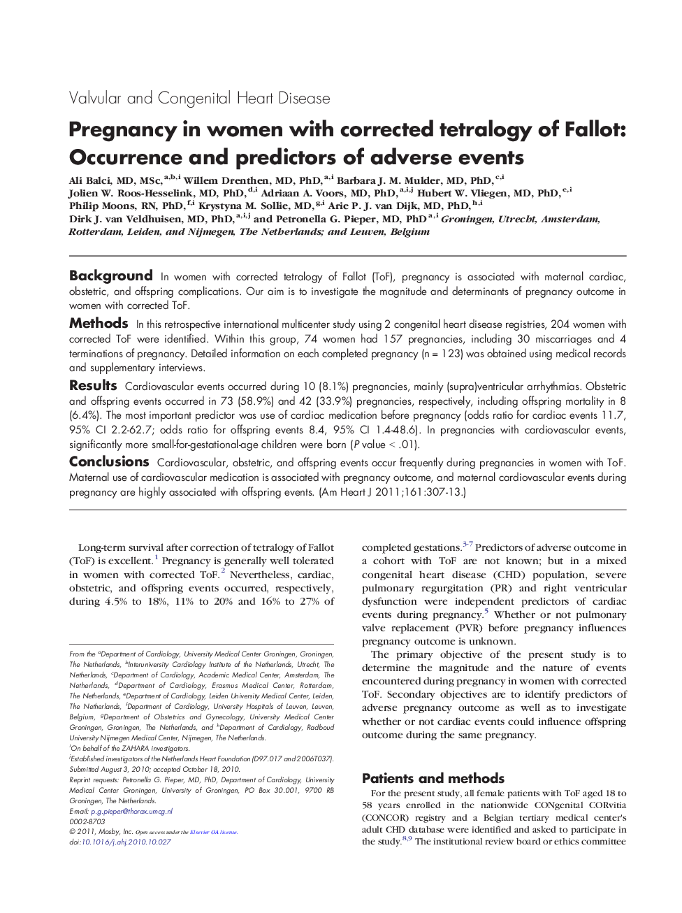 Clinical InvestigationValvular and Congenital Heart DiseasePregnancy in women with corrected tetralogy of Fallot: Occurrence and predictors of adverse events