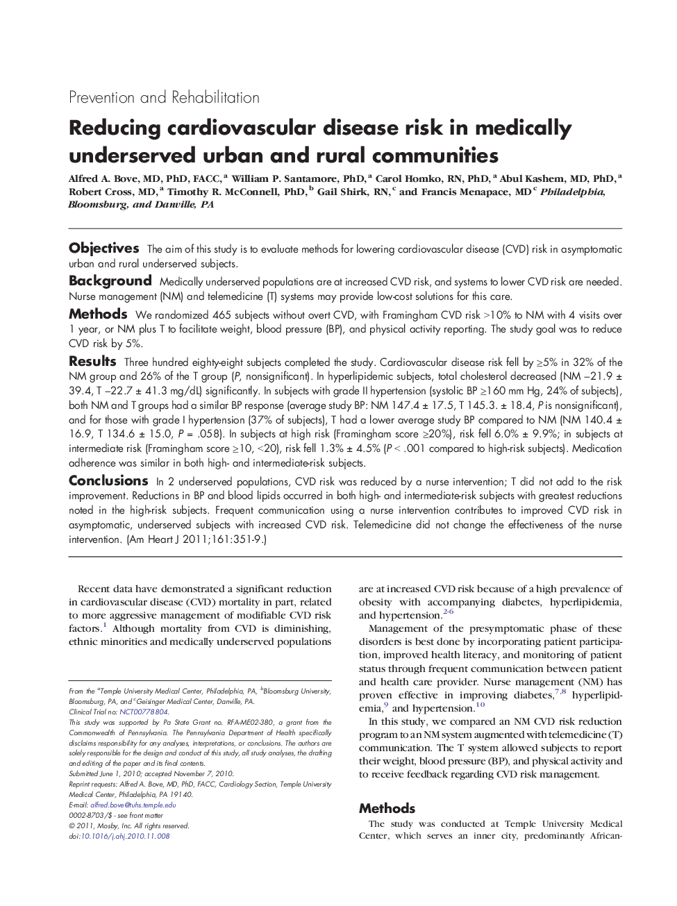 Reducing cardiovascular disease risk in medically underserved urban and rural communities