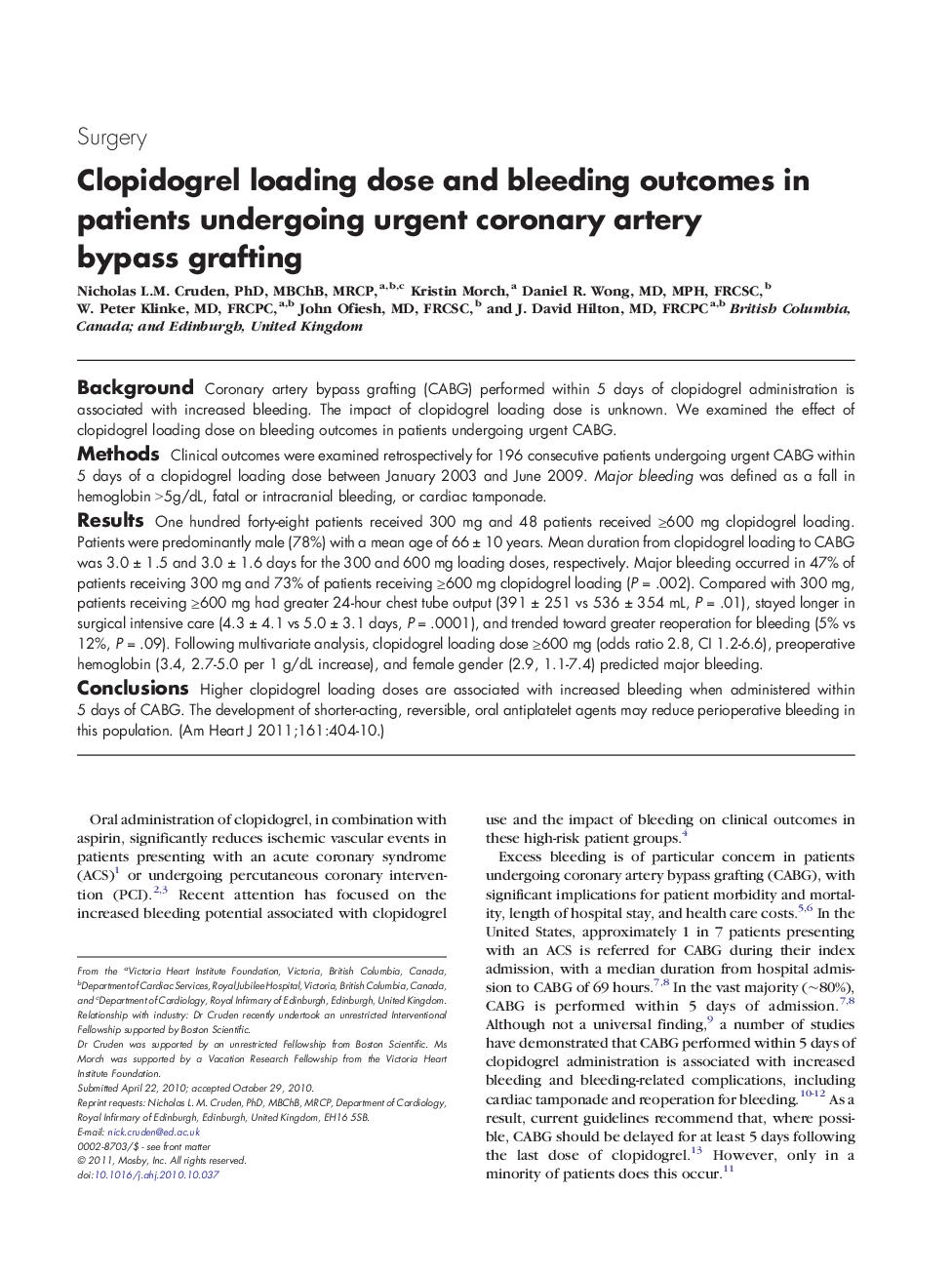 Clopidogrel loading dose and bleeding outcomes in patients undergoing urgent coronary artery bypass grafting