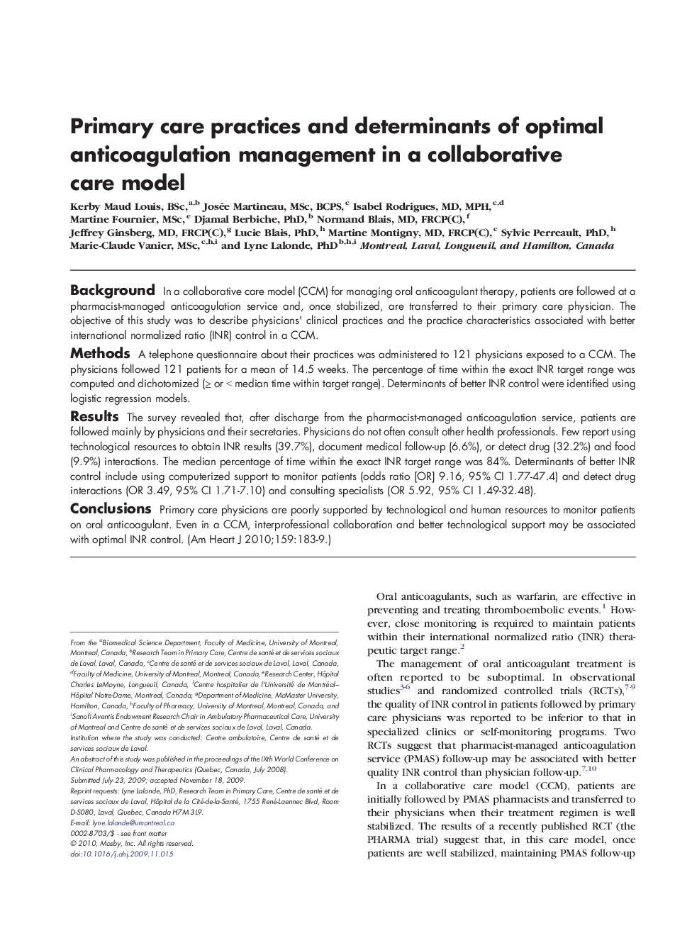 Primary care practices and determinants of optimal anticoagulation management in a collaborative care model