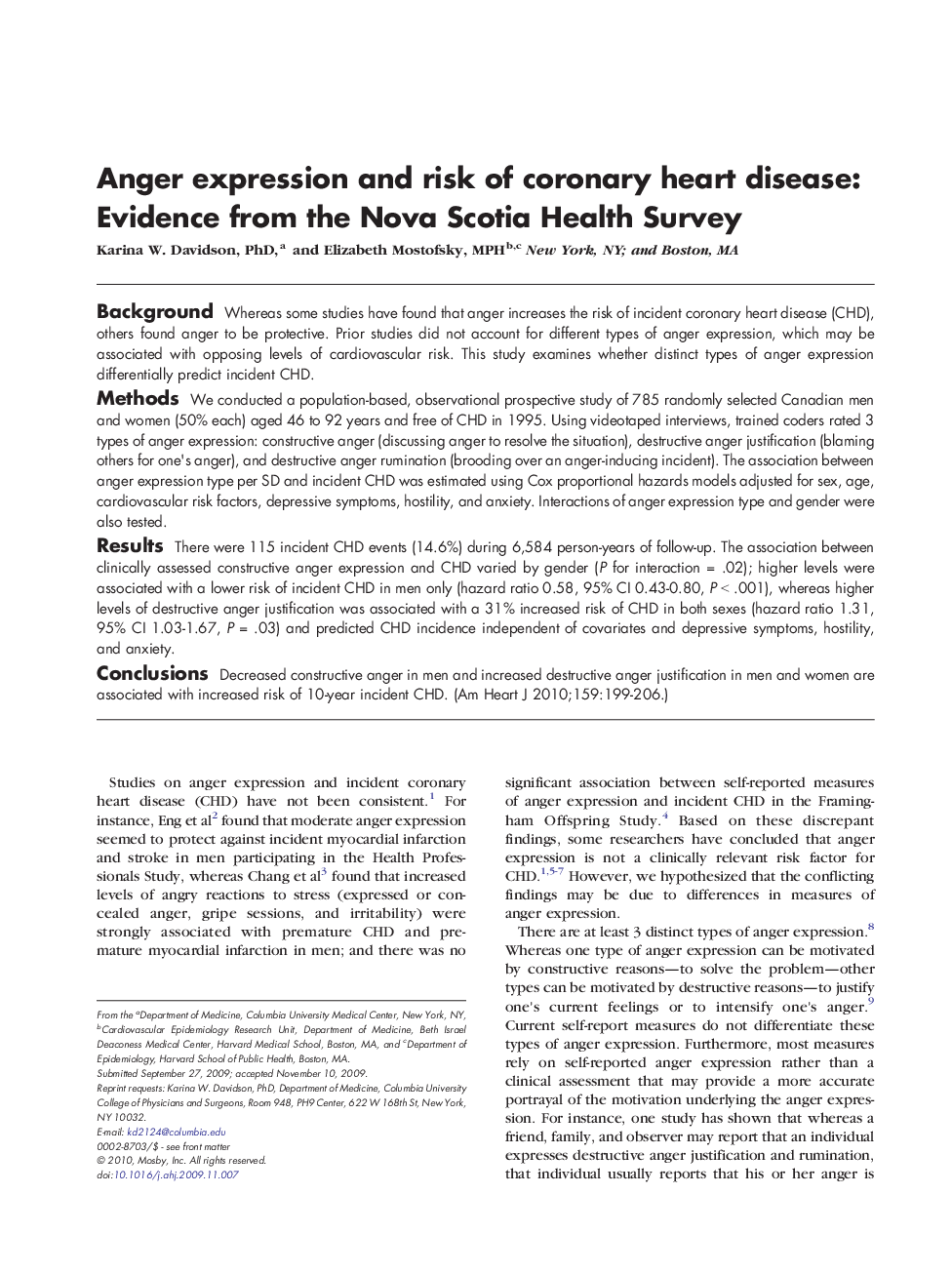 Anger expression and risk of coronary heart disease: Evidence from the Nova Scotia Health Survey