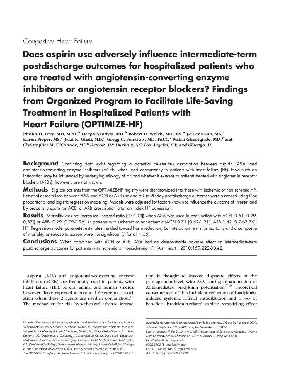 Does aspirin use adversely influence intermediate-term postdischarge outcomes for hospitalized patients who are treated with angiotensin-converting enzyme inhibitors or angiotensin receptor blockers? Findings from Organized Program to Facilitate Life-Savi