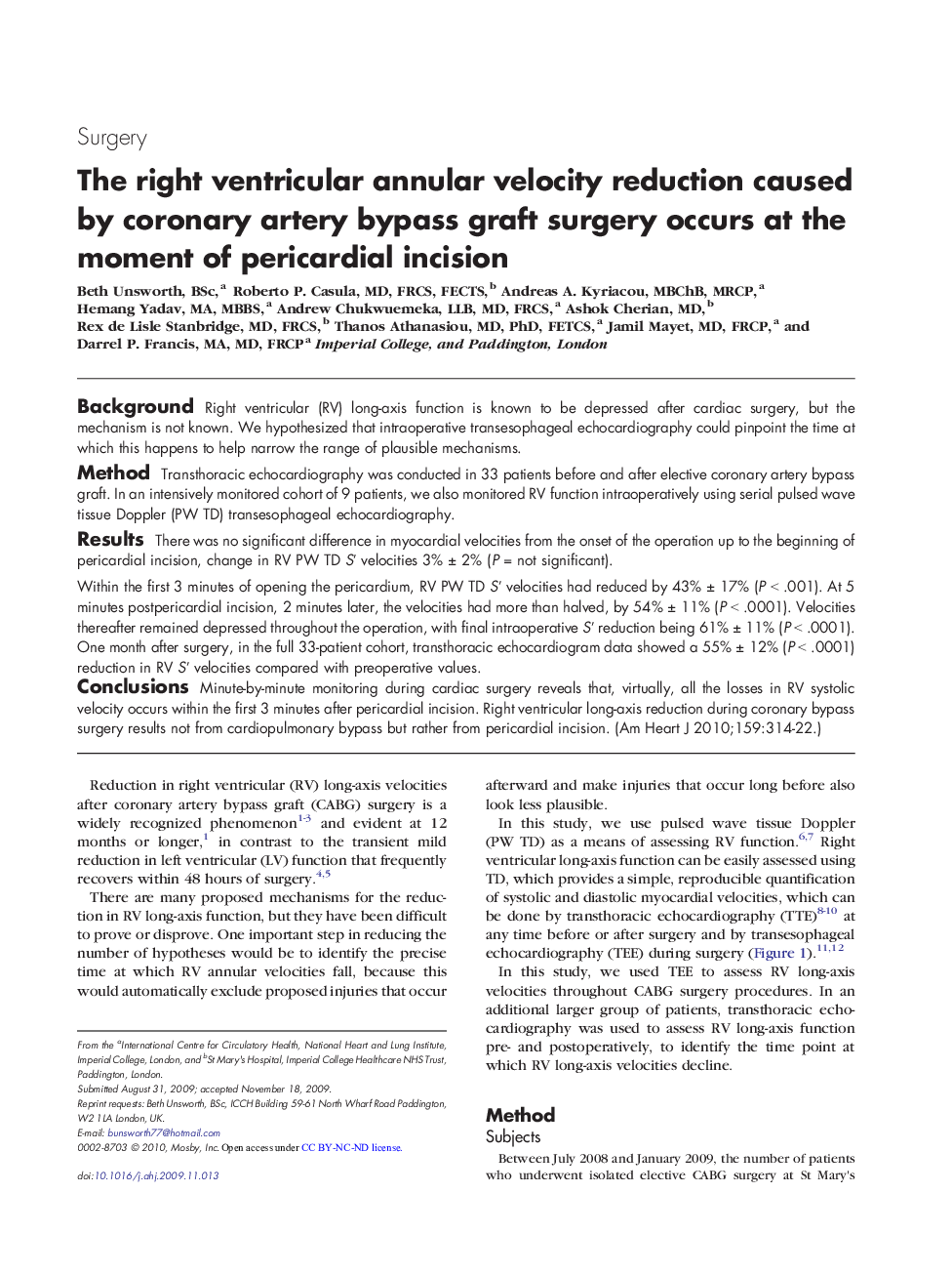 Clinical InvestigationsSurgeryThe right ventricular annular velocity reduction caused by coronary artery bypass graft surgery occurs at the moment of pericardial incision