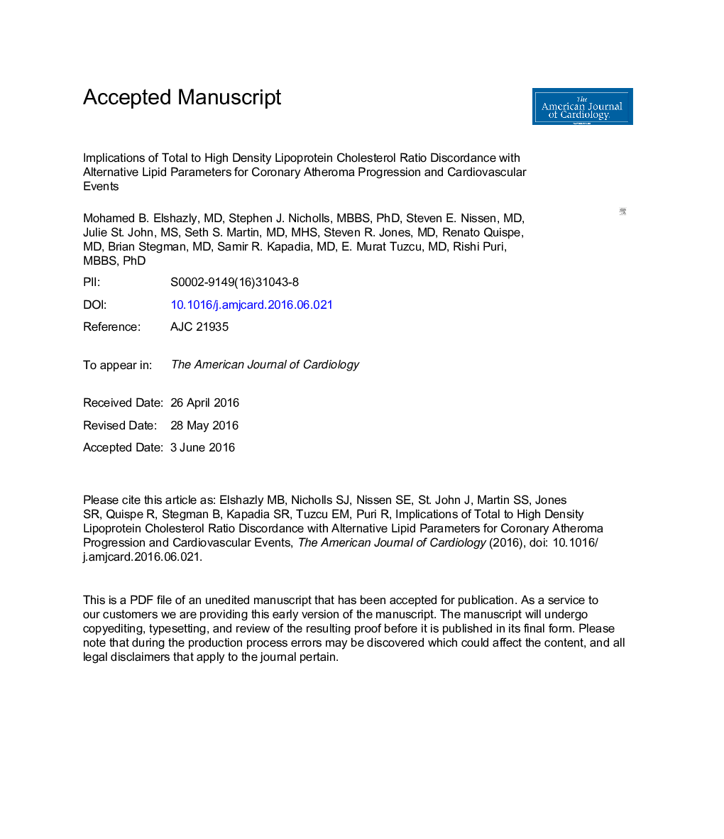 Implications of Total to High-Density Lipoprotein Cholesterol Ratio Discordance With Alternative Lipid Parameters for Coronary Atheroma Progression and Cardiovascular Events