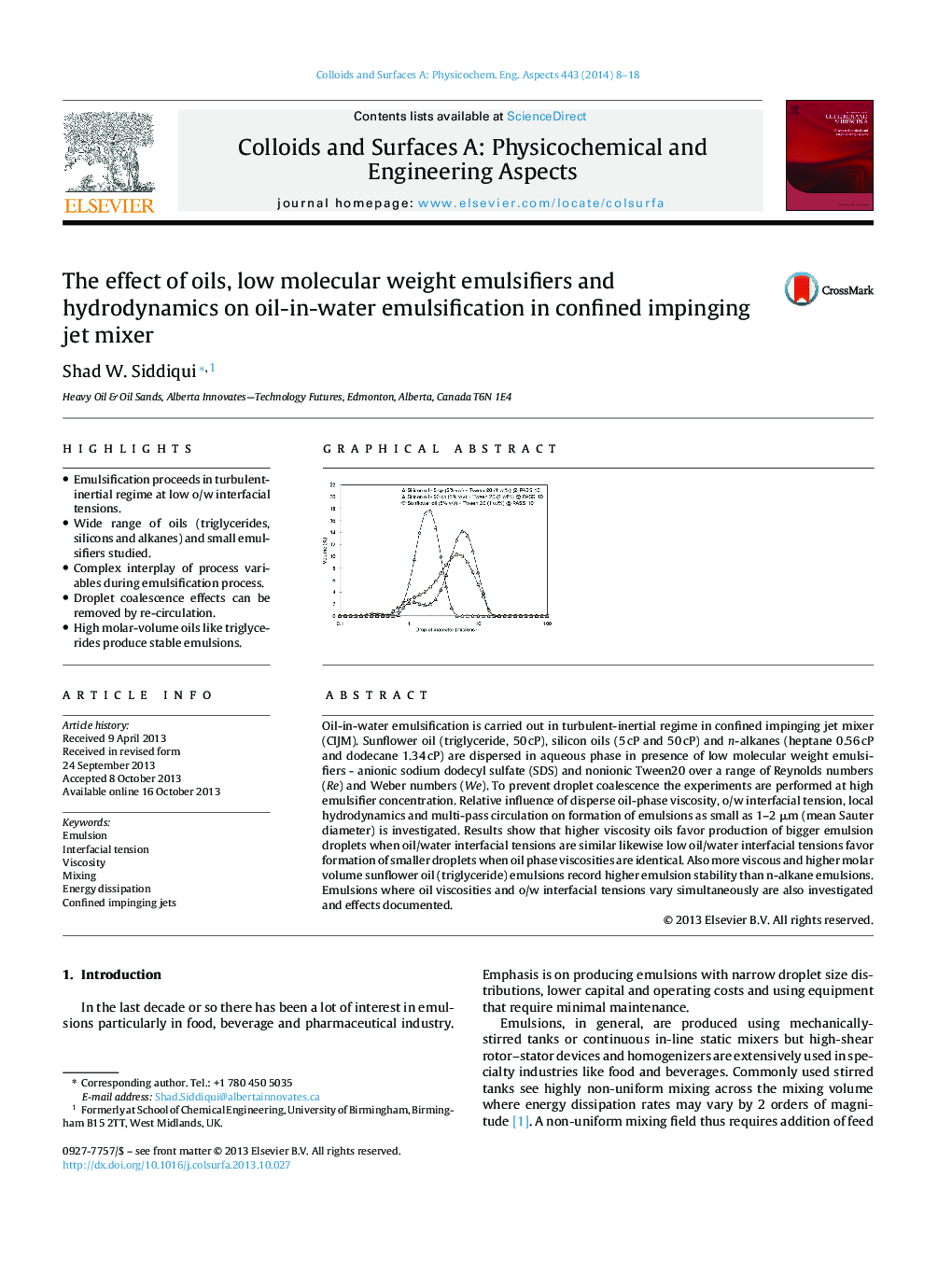 The effect of oils, low molecular weight emulsifiers and hydrodynamics on oil-in-water emulsification in confined impinging jet mixer
