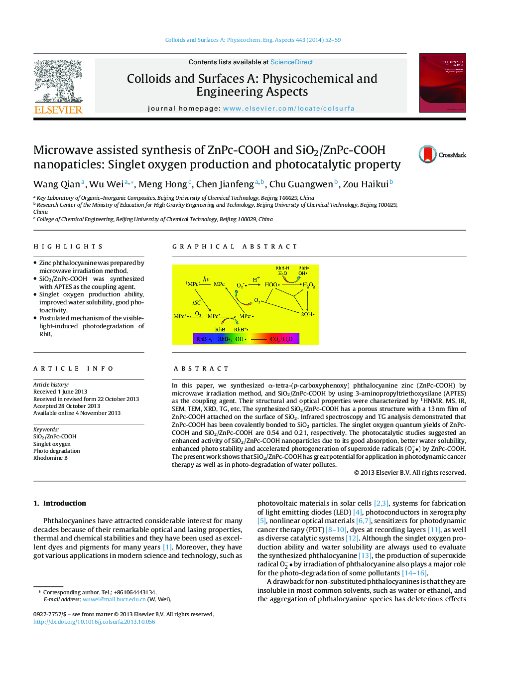 Microwave assisted synthesis of ZnPc-COOH and SiO2/ZnPc-COOH nanopaticles: Singlet oxygen production and photocatalytic property