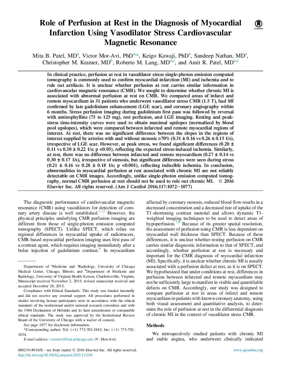 بیماری عروق کرونر رول پرفیوژن در استراحت در تشخیص انفارکتوس میوکارد با استفاده از استرس وازودیلاتور رزونانس مغناطیسی قلب و عروق 