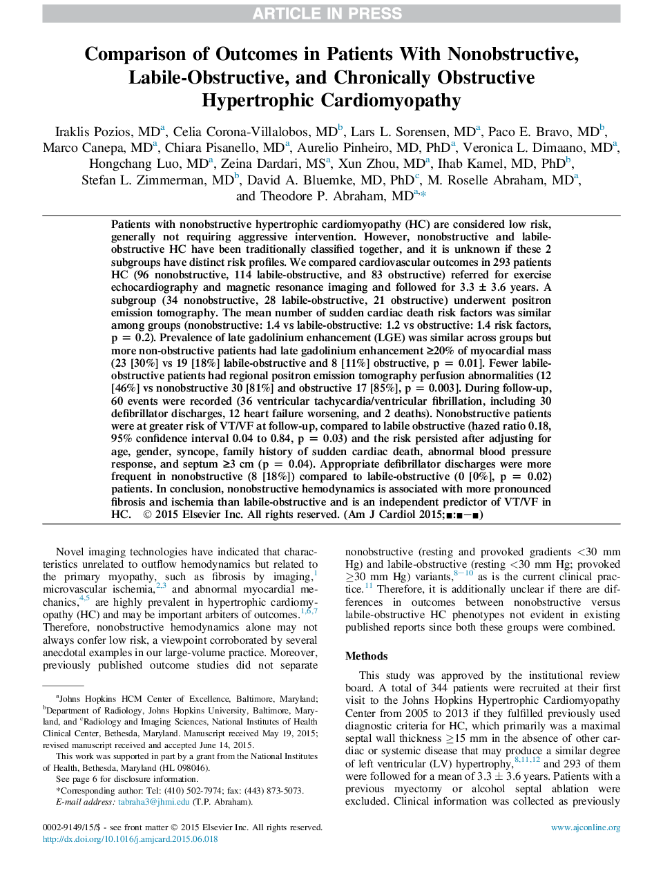 مقایسه نتایج در بیماران مبتلا به کاردیومیوپاتی هیپرتروفیک غیر انسدادی، لابی، انسدادی و کوتاه مدت 