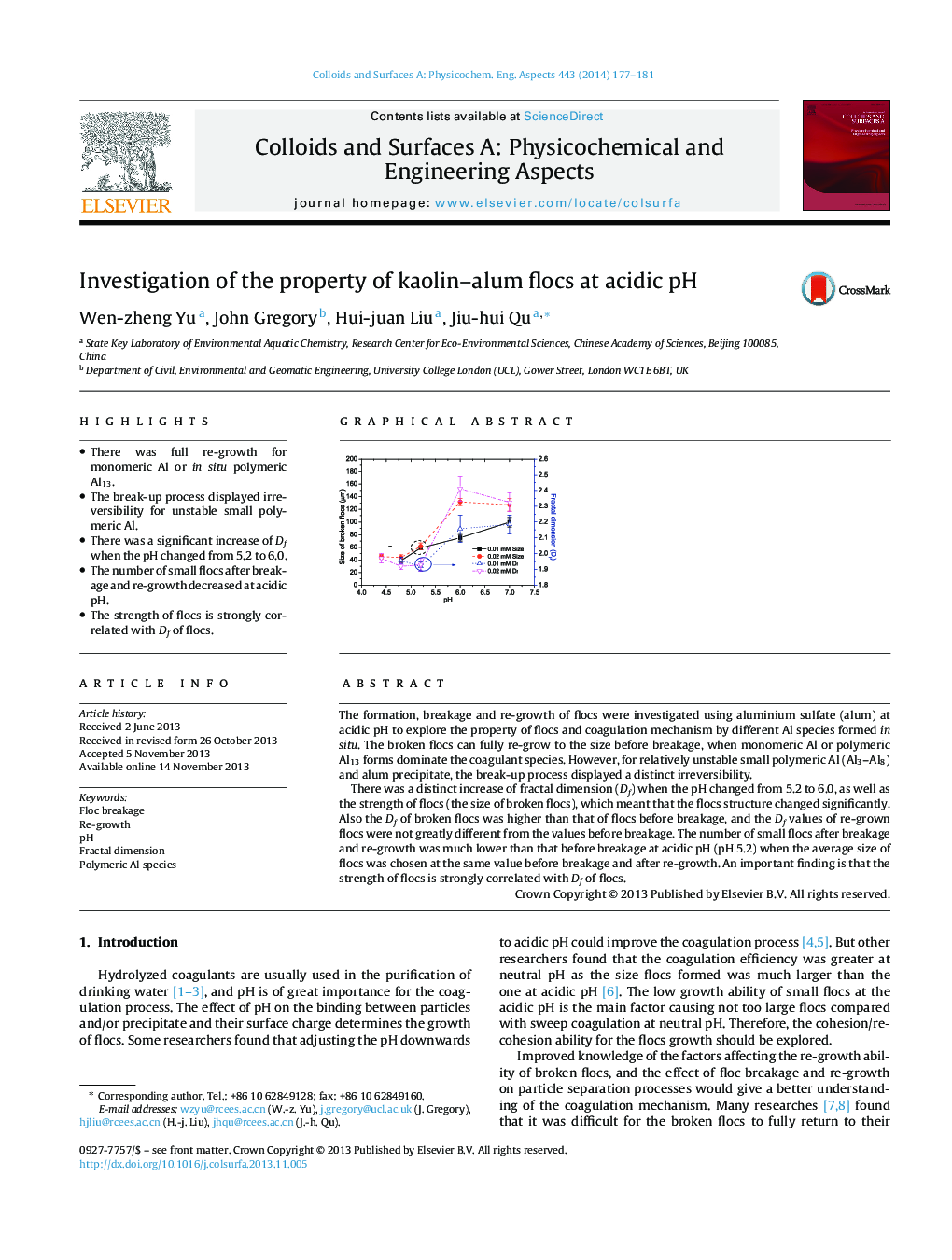 Investigation of the property of kaolin–alum flocs at acidic pH