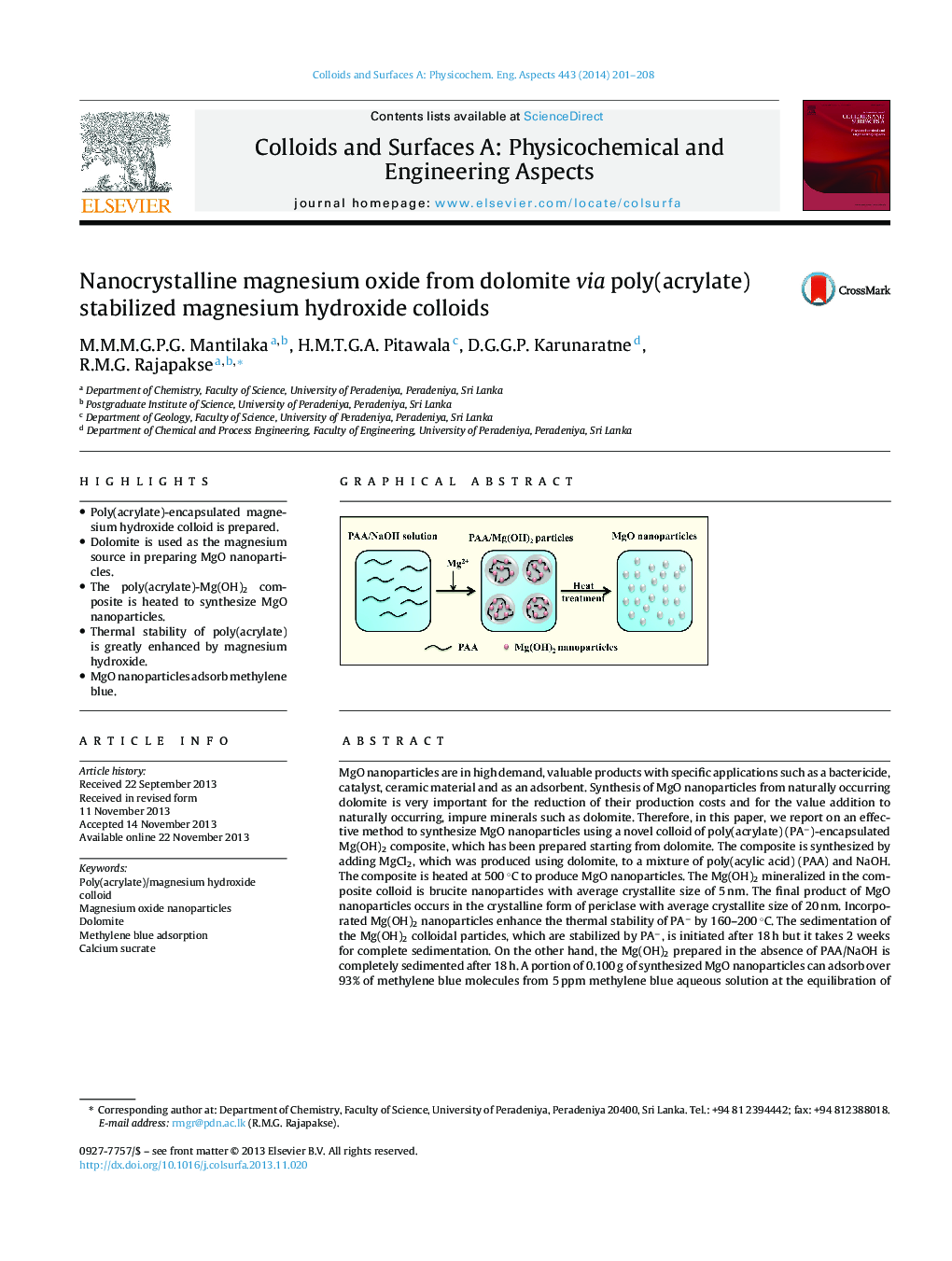 Nanocrystalline magnesium oxide from dolomite via poly(acrylate) stabilized magnesium hydroxide colloids