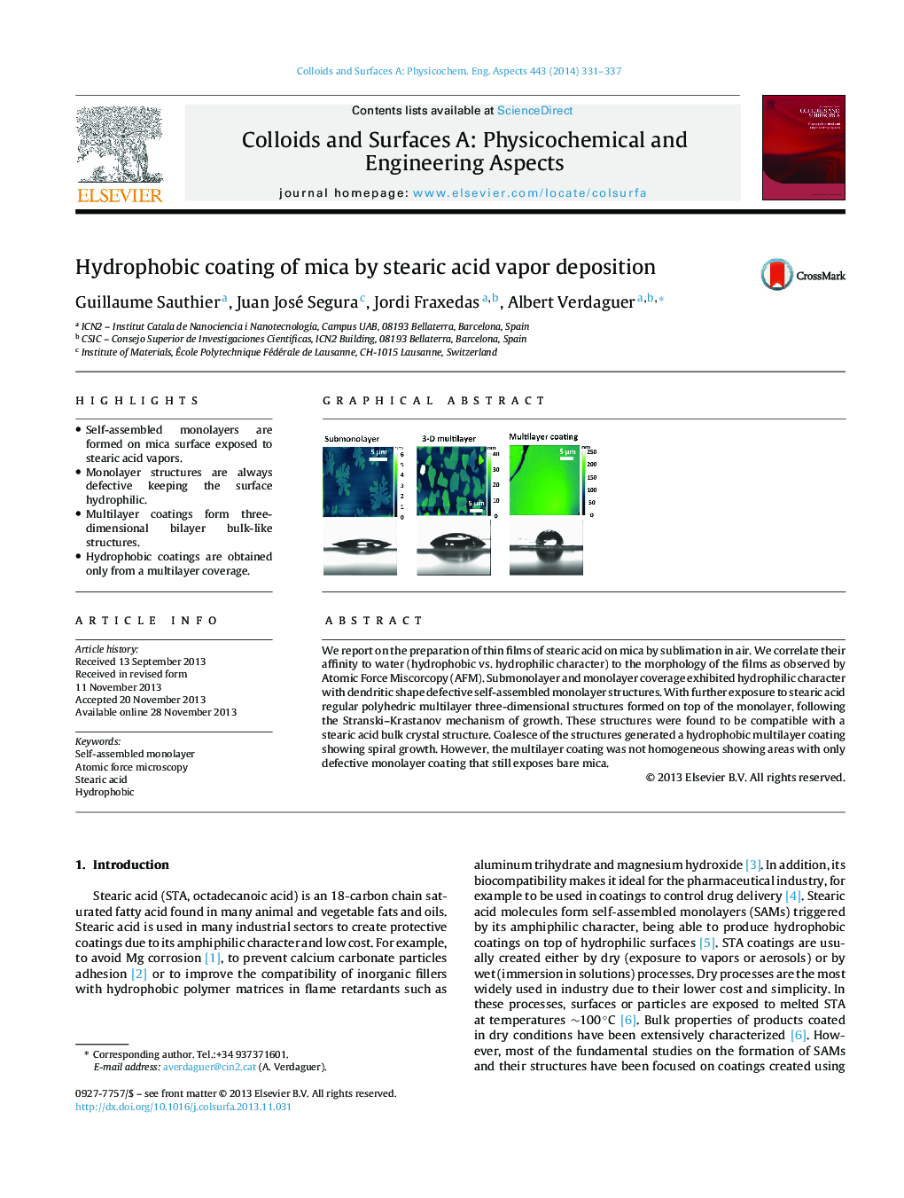 Hydrophobic coating of mica by stearic acid vapor deposition