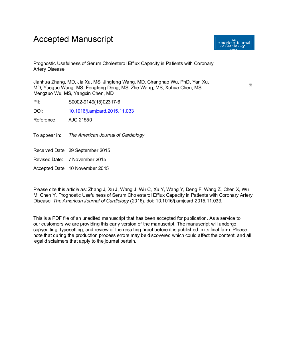 Prognostic Usefulness of Serum Cholesterol Efflux Capacity in Patients With Coronary Artery Disease