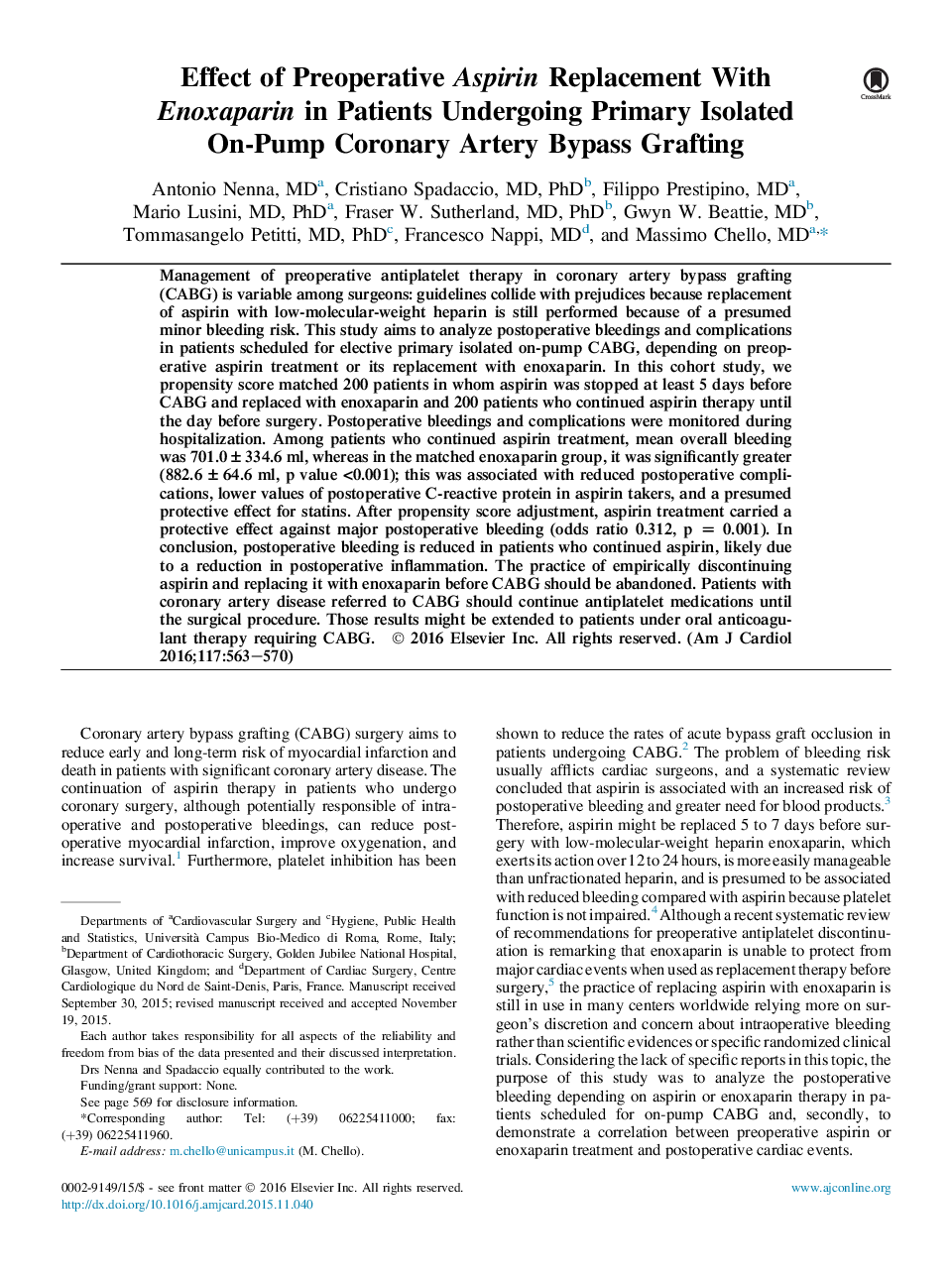 بیماری عروق کرونر اثر مکمل جایگزین آسپرین قبل از عمل با انوکساپارین در بیماران مبتلا به پمپ جدا شده اولیه پانسمان تجویز بای پس عروق کرونر 