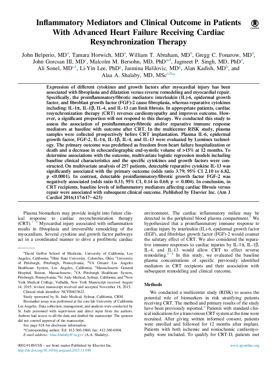 میانجیگرهای التهابی و نتیجه بالینی در بیماران مبتلا به نارسایی پیشرفته قلب دریافت درمان مجدد قلب 