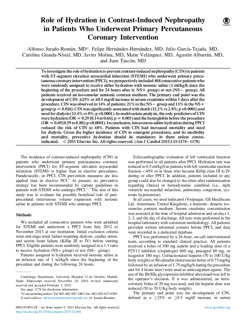 نقش هیدراتاسیون در نفروپاتی ناشی از کنتراست در بیمارانی که تحت مداخله عروقی اولیه پوستی قرار گرفته اند 