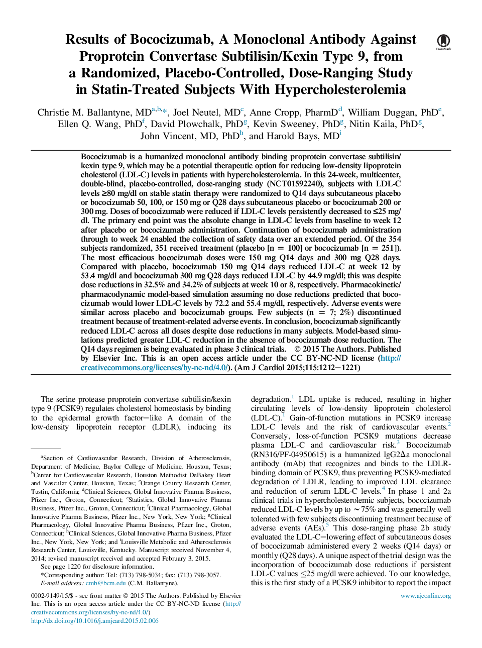عکس صفحه اول مقاله: Results of Bococizumab, A Monoclonal Antibody Against Proprotein Convertase Subtilisin/Kexin Type 9, from a Randomized, Placebo-Controlled, Dose-Ranging Study in Statin-Treated Subjects With Hypercholesterolemia Results of Bococizumab, A Monoclonal Antibody Against Proprotein Convertase Subtilisin/Kexin Type 9, from a Randomized, Placebo-Controlled, Dose-Ranging Study in Statin-Treated Subjects With Hypercholesterolemia
