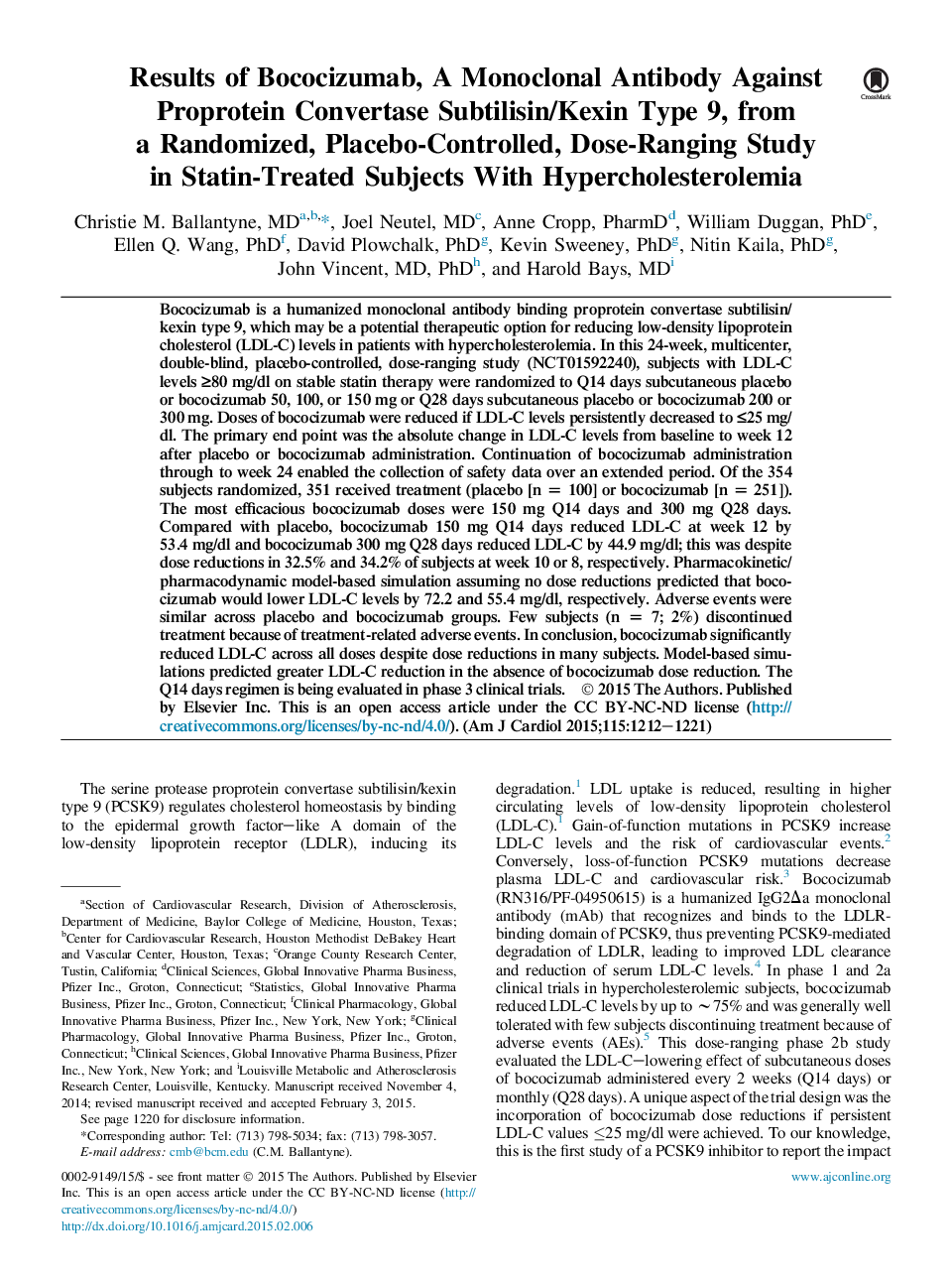 Results of Bococizumab, A Monoclonal Antibody Against Proprotein Convertase Subtilisin/Kexin Type 9, from a Randomized, Placebo-Controlled, Dose-Ranging Study in Statin-Treated Subjects With Hypercholesterolemia