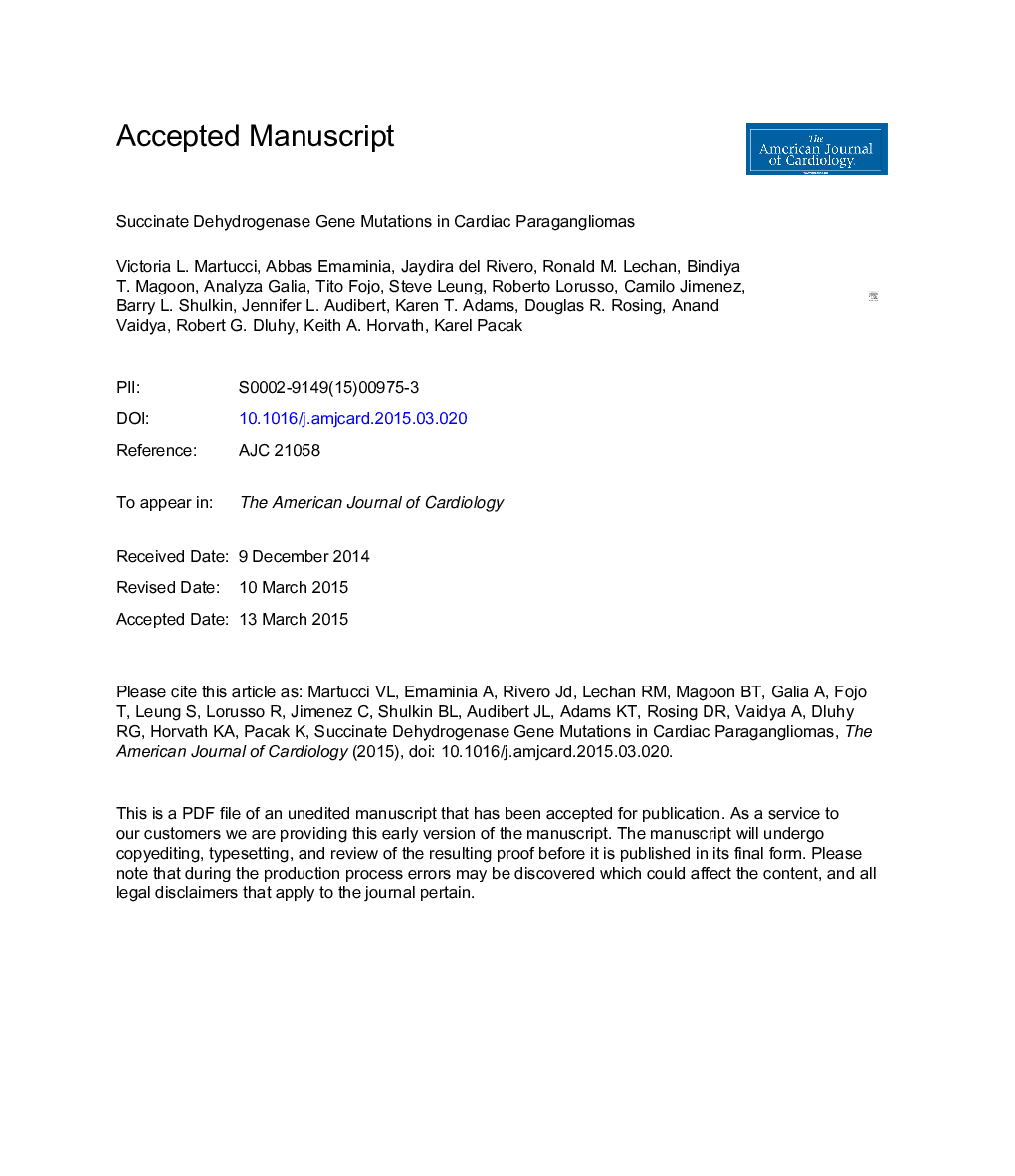 Succinate Dehydrogenase Gene Mutations in Cardiac Paragangliomas