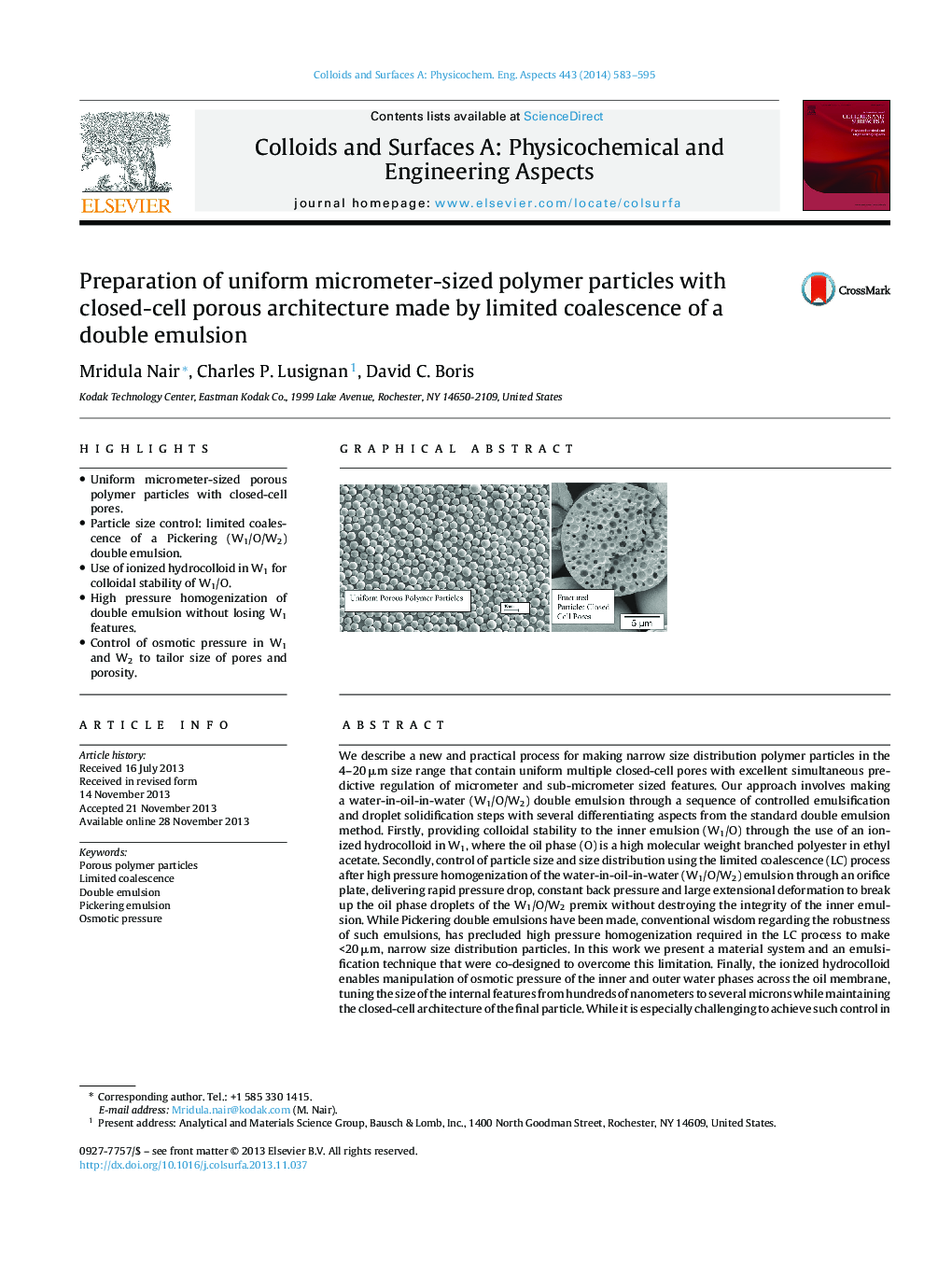 Preparation of uniform micrometer-sized polymer particles with closed-cell porous architecture made by limited coalescence of a double emulsion