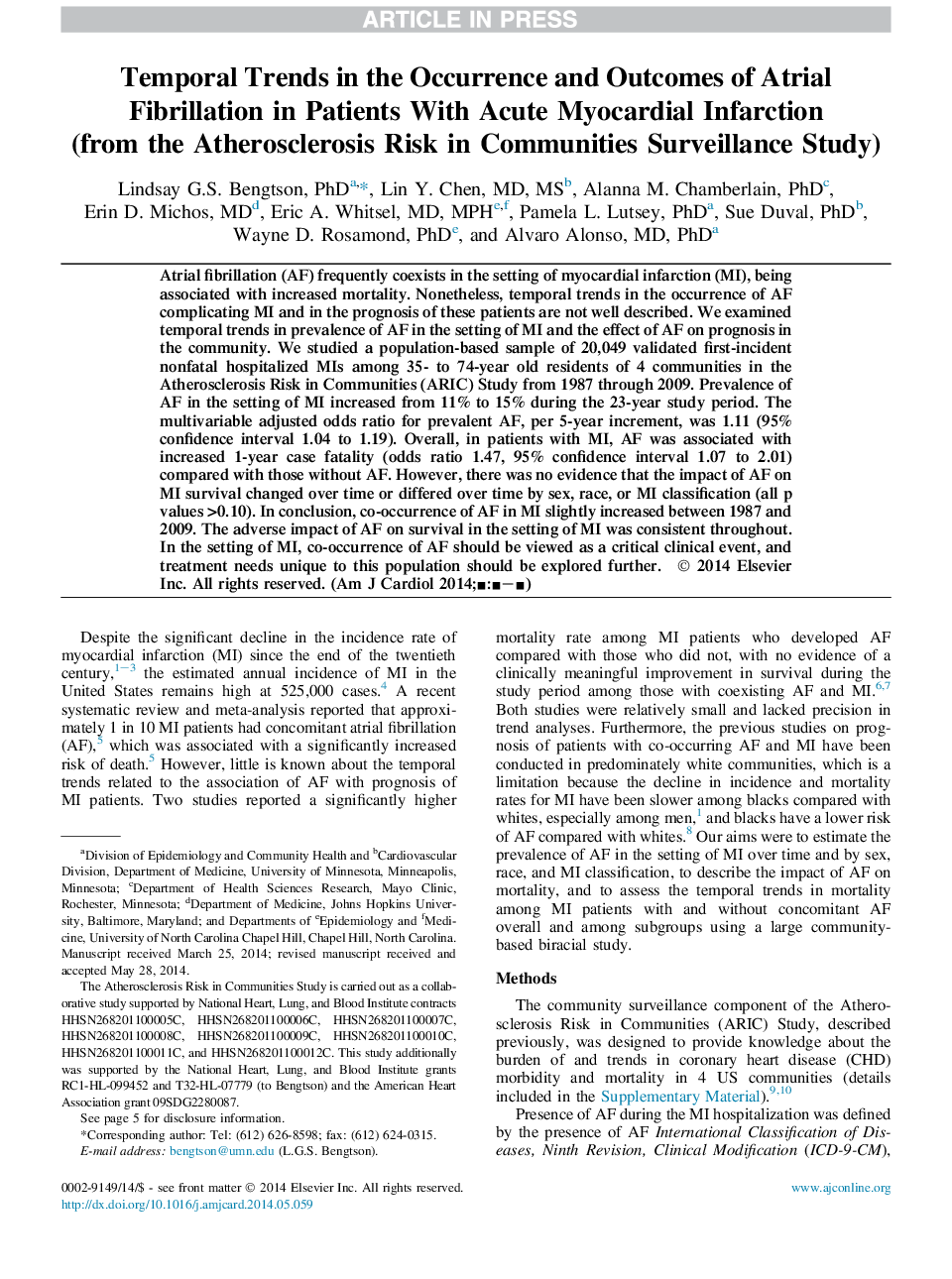 روند زمانی در پدیدار شدن و نتایج فیبریلاسیون دهلیزی در بیماران مبتلا به انفارکتوس حاد قلب (از مطالعه بروز آترواسکلروز در مطالعات نظارت بر جوامع) 