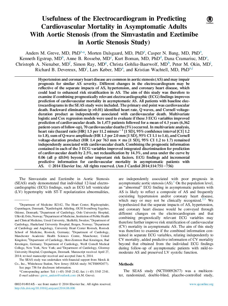 مفید بودن الکتروکاردیوگرام در پیش بینی مرگ و میر قلب و عروق در بزرگسالان بدون علامت با تنگی آئورت (از سیمواستاتین و ایزتییب در مطالعات تنگی آئورت) 