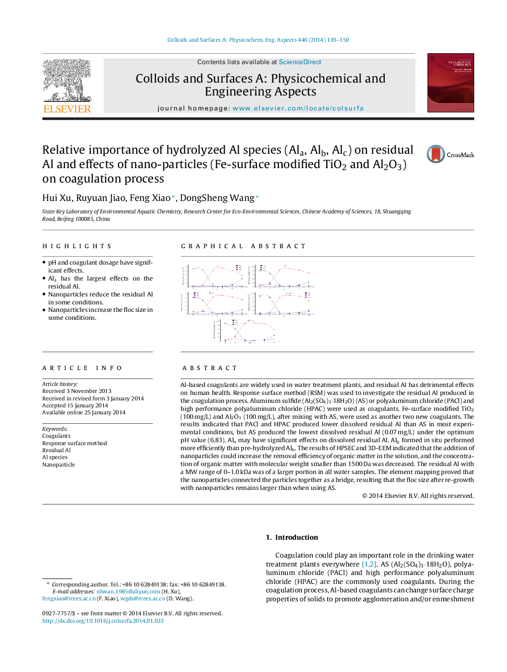 Relative importance of hydrolyzed Al species (Ala, Alb, Alc) on residual Al and effects of nano-particles (Fe-surface modified TiO2 and Al2O3) on coagulation process