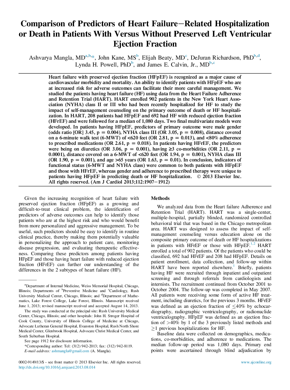 مقایسه پیش بینی بیمارستان بستری شدن بیماران مبتلا به نارسایی قلبی و مرگ و میر بیمارانی که در مقایسه با کراتینژی تخلیه بطن چپ حفظ شده اند 