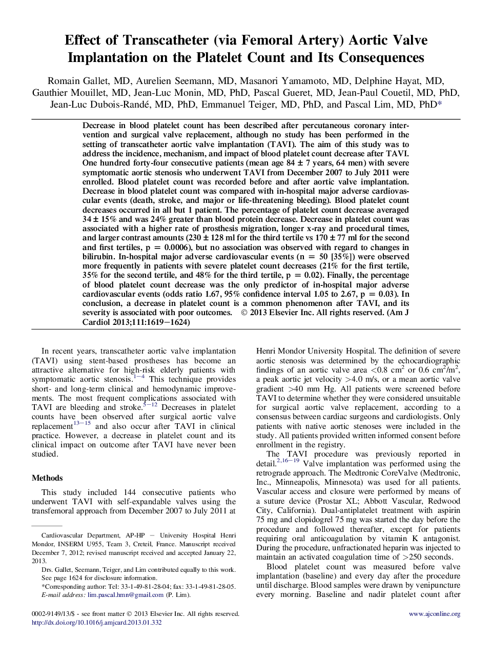 اثر ترانس کاتتر (از طریق شریان فمورال) ایمپلنت دریچه آئورت بر تعداد پلاکت و پیامدهای آن 