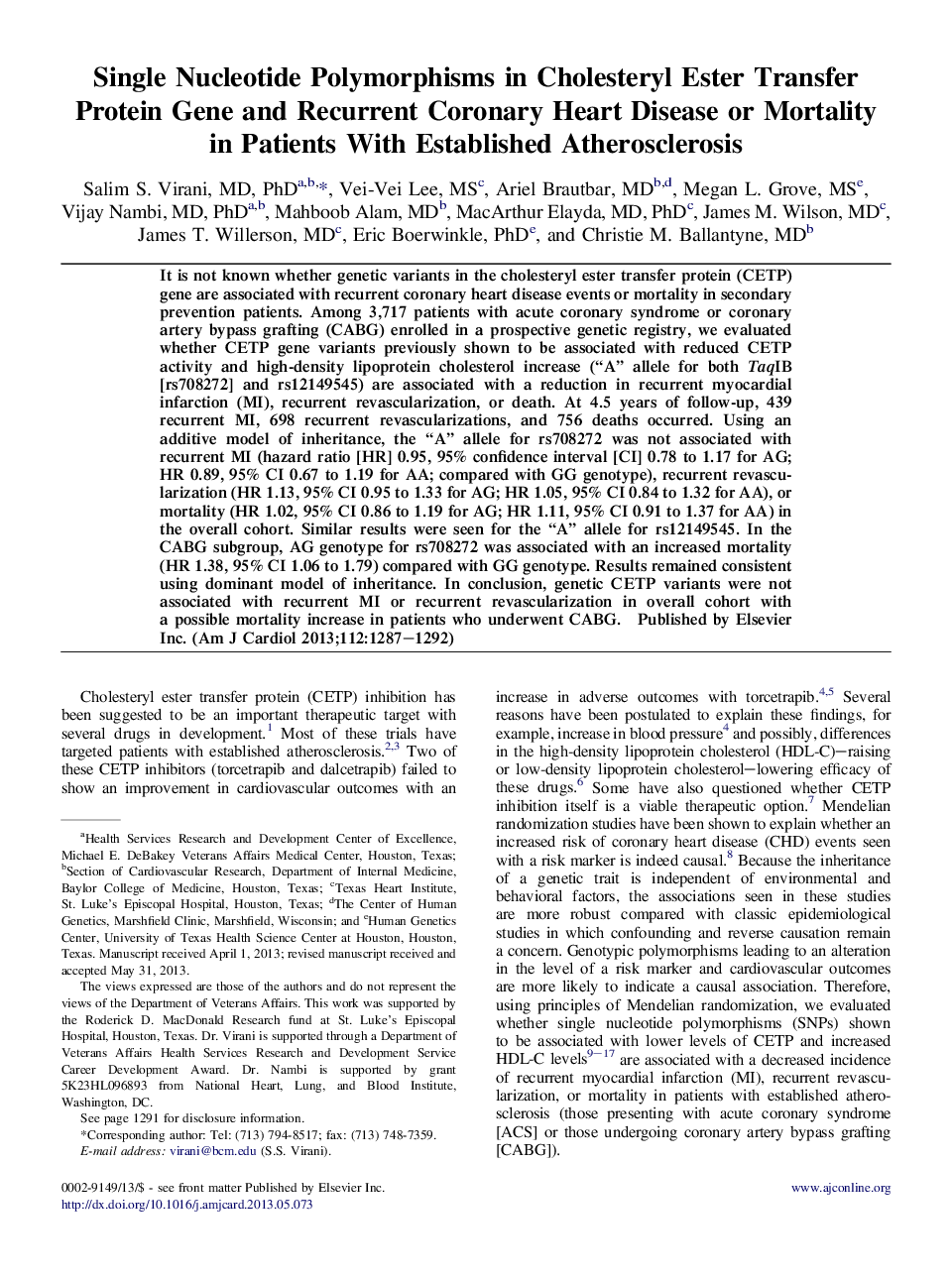 پلیمورفیسم تک هسته ای در انتقال ژن پروتئین کلسترول استر و بیماری های قلبی عروقی و یا مرگ و میر در بیماران مبتلا به آترواسکلروز 