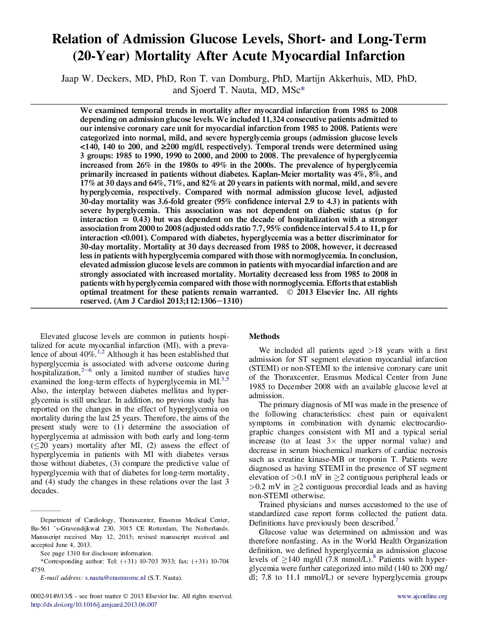 ارتباط میزان گلوکز پذیرش، مرگ و میر کوتاه و بلند مدت (20 ساله) پس از انفارکتوس حاد قلبی 