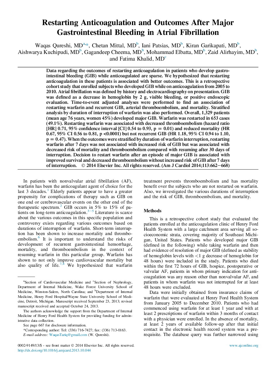 راه اندازی مجدد ضد انعقاد و نتایج بعد از خونریزی عمده مجاری معده در فیبریلاسیون دهلیزی 